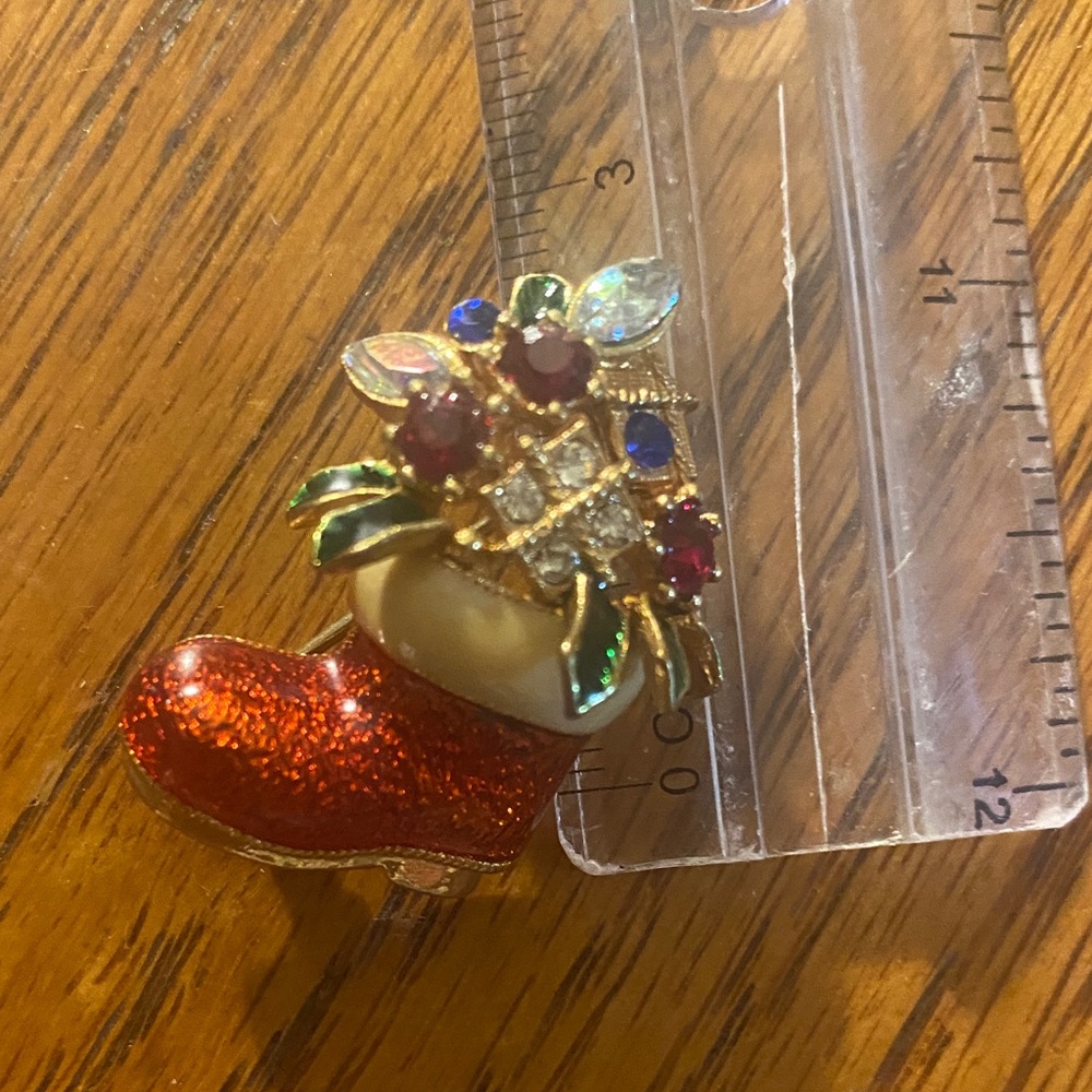 Festive Red Boot Brooch with Gem Accents